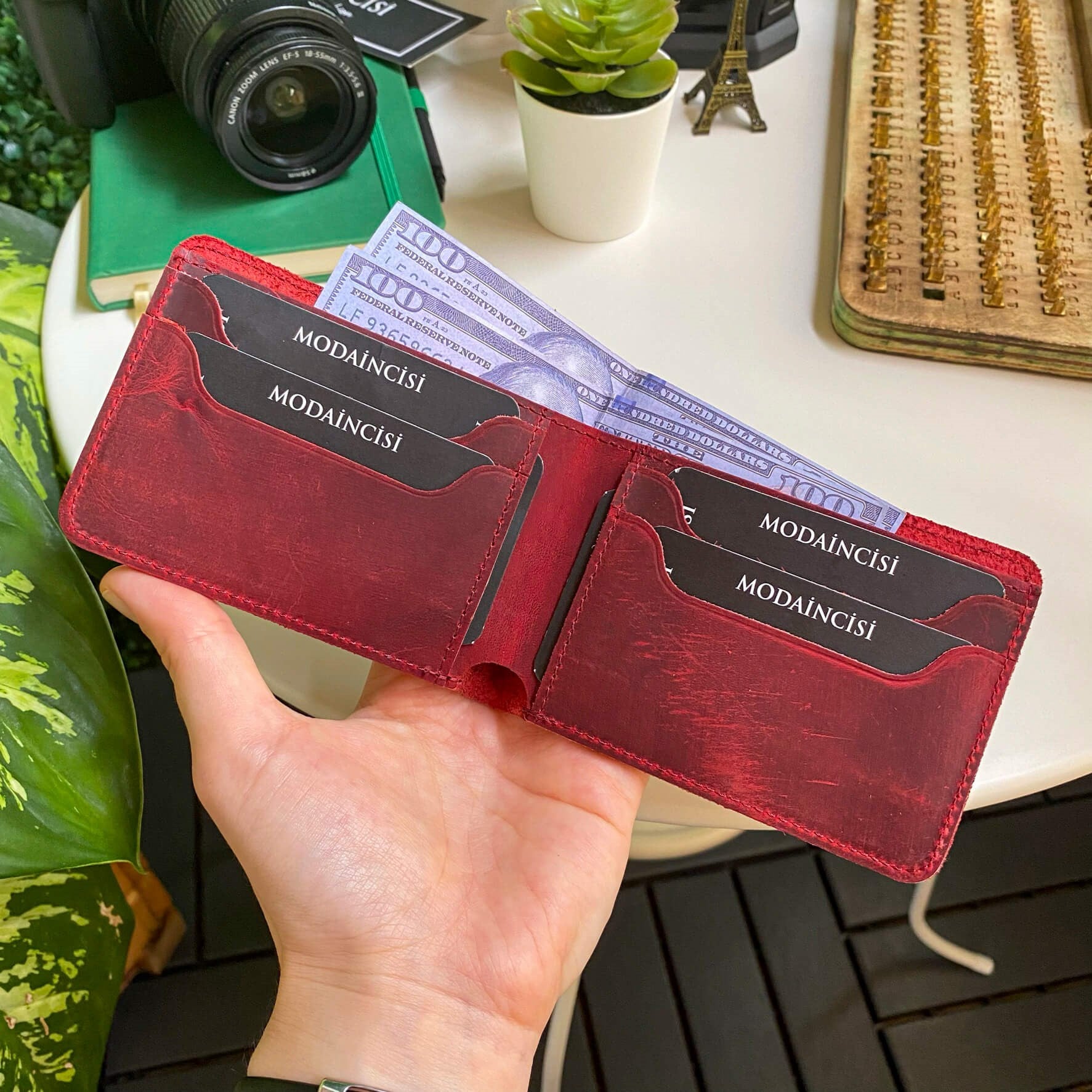 Tulipa Genuine Leather Natural Wallet in four colors: Brown, Red, Blue, and Green, showcasing its sleek design and card slots.
