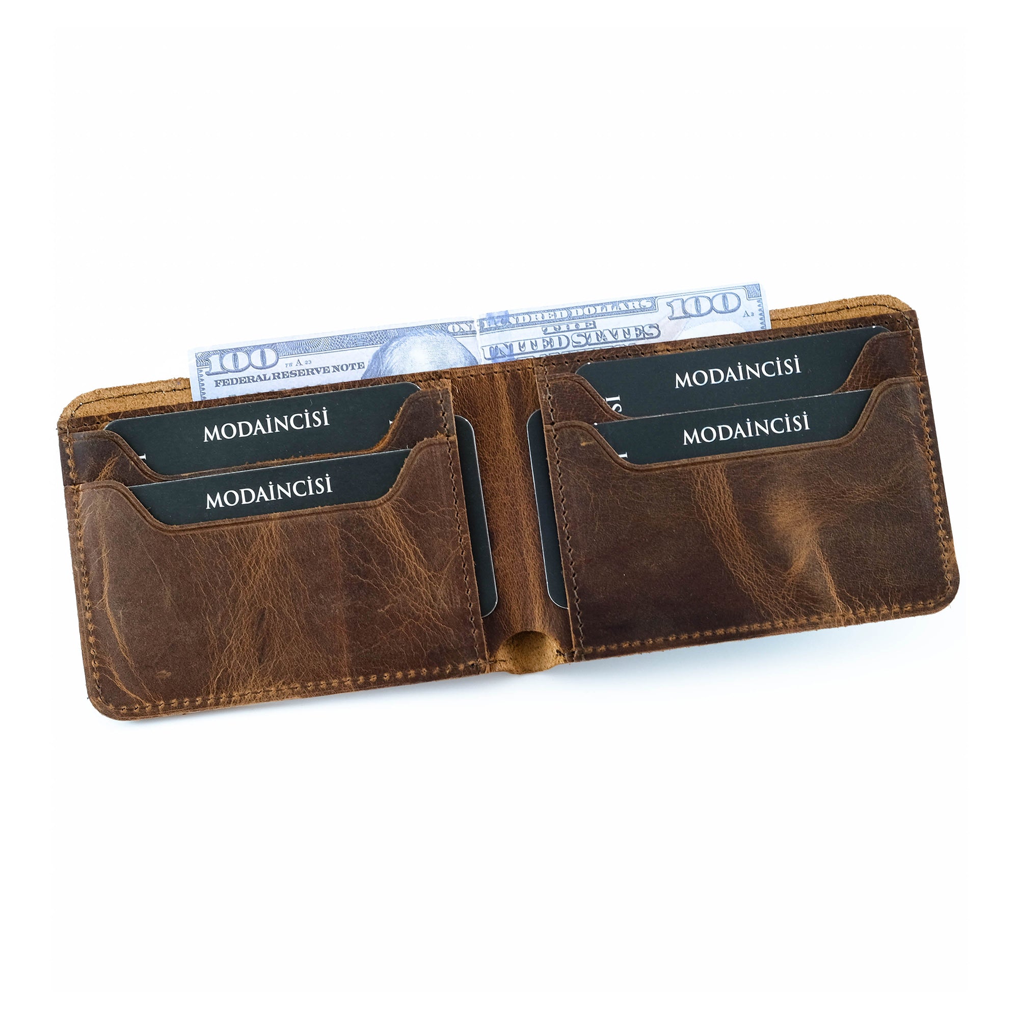 Tulipa Genuine Leather Natural Wallet in four colors: Brown, Red, Blue, and Green, showcasing its sleek design and card slots.