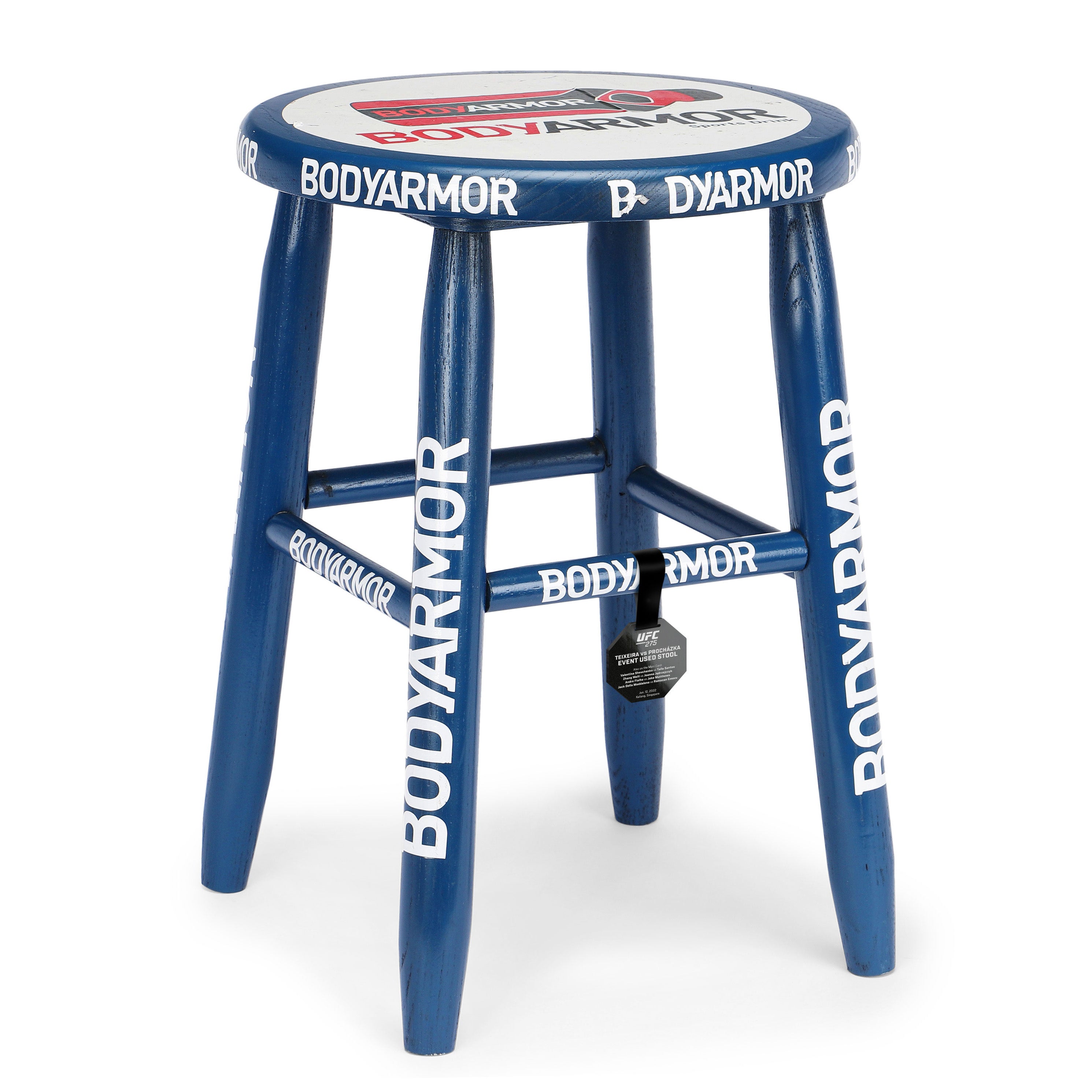 Blue corner stool used in UFC 275 event featuring Teixeira vs. Procházka, showcasing wear from usage.