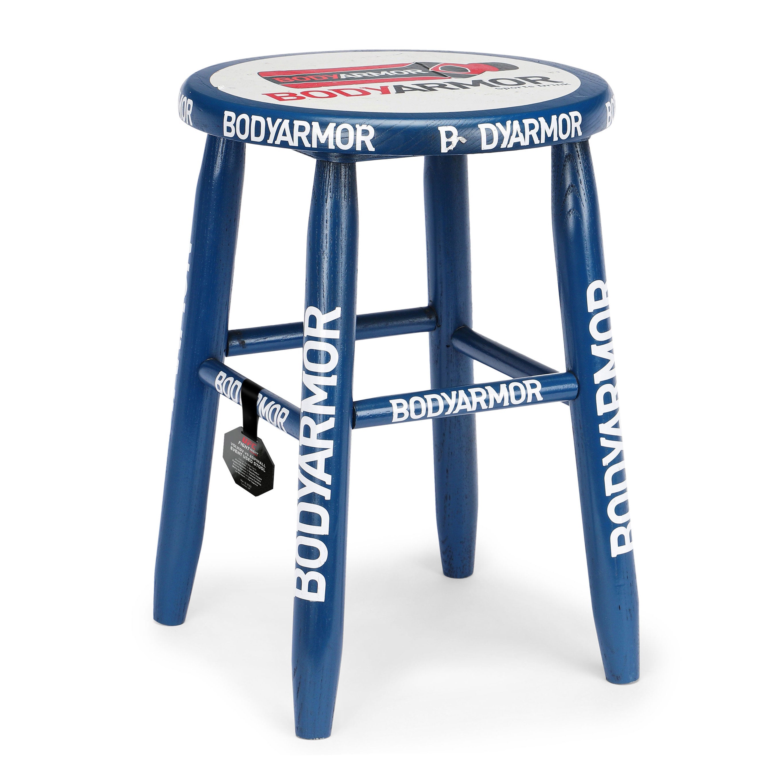 Blue corner stool used at UFC Fight Night: Volkov vs. Aspinall, showcasing wear from event usage.