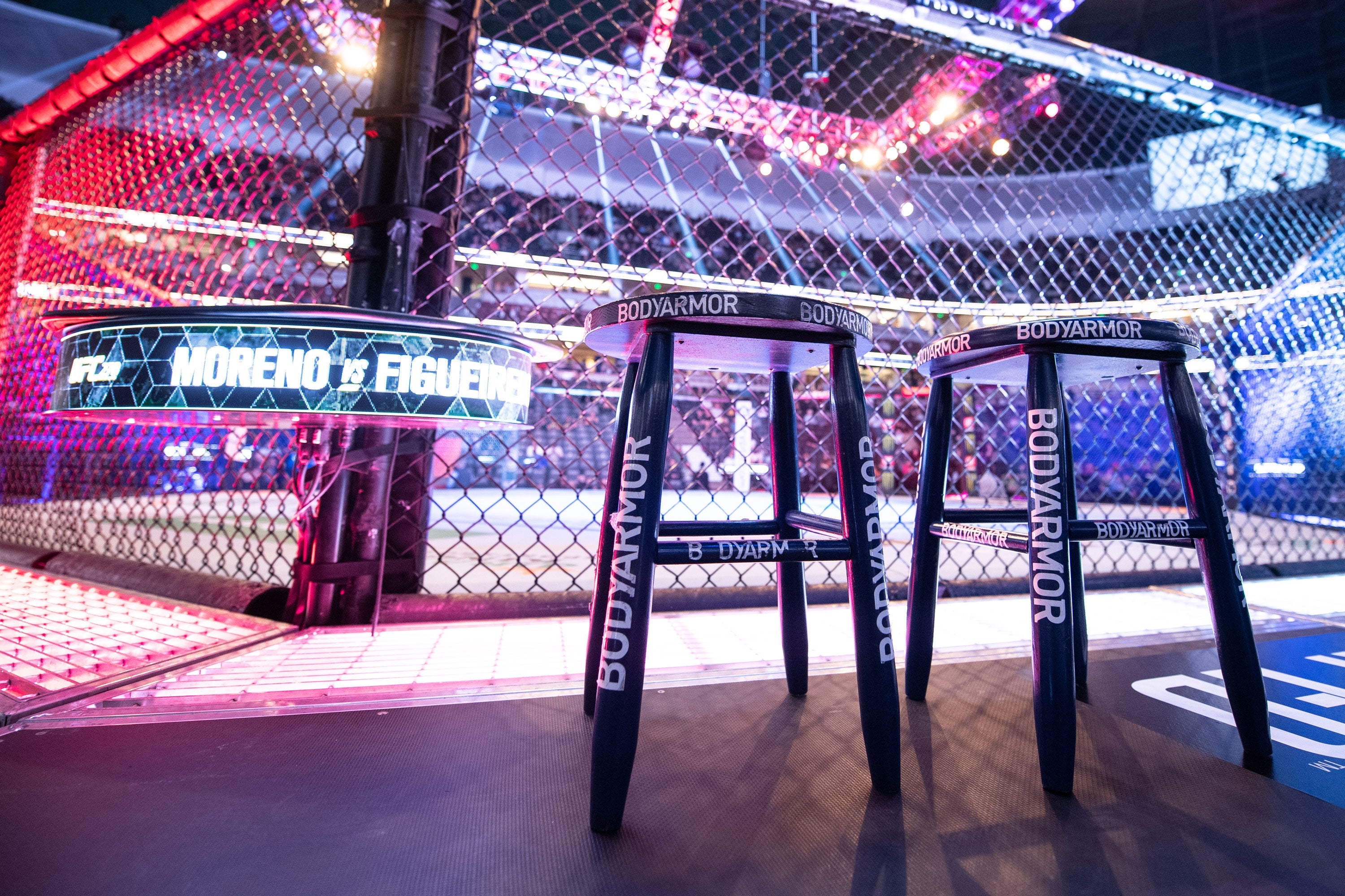 Blue corner stool used at UFC Fight Night: Volkov vs. Aspinall, showcasing wear from event usage.