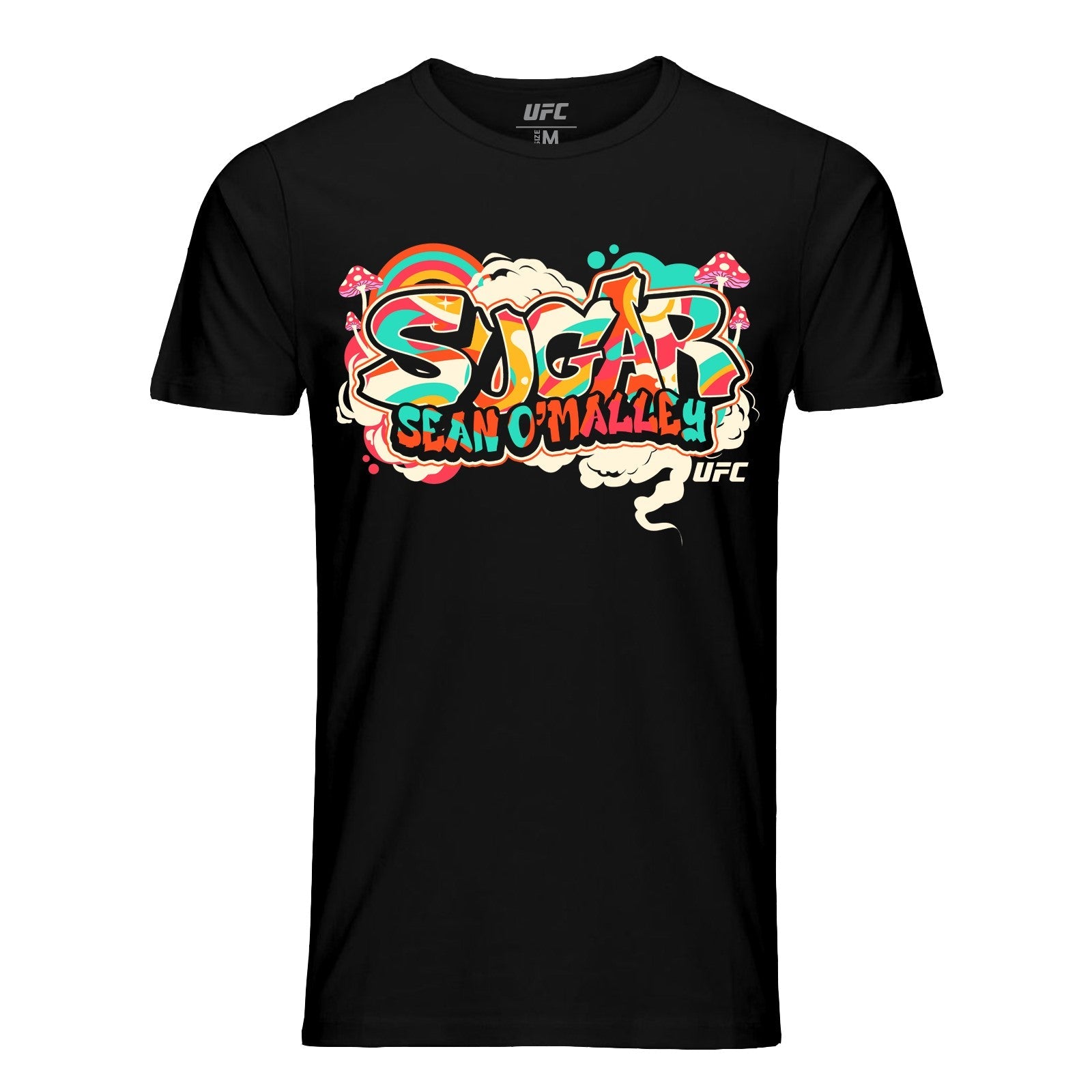 Black UFC Sean O'Malley Trip T-Shirt made of 100% ringspun cotton, featuring a short sleeve crew neck design.