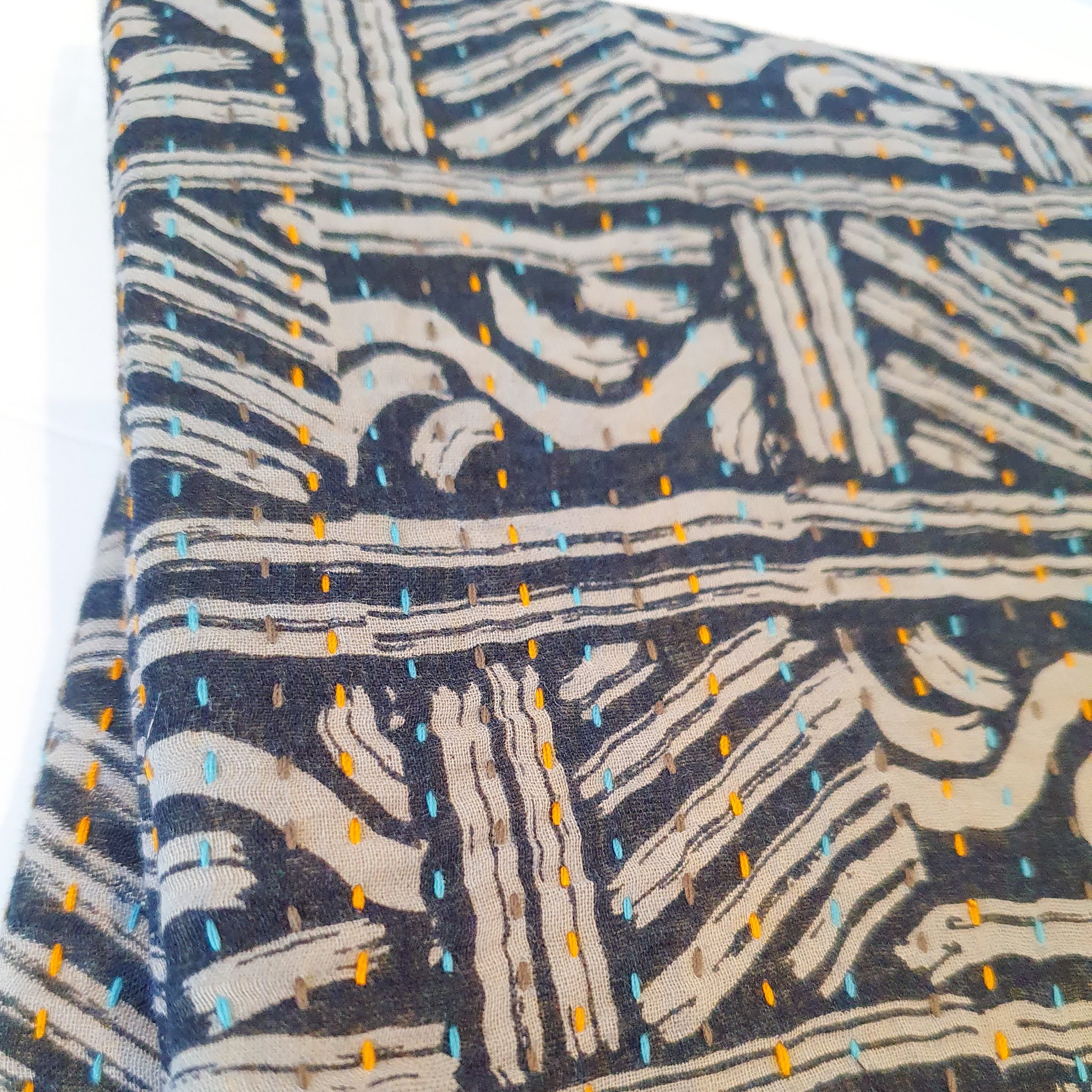 Upcycled sari clutch featuring vibrant colors and intricate kantha stitch embroidery, perfect for carrying essentials.