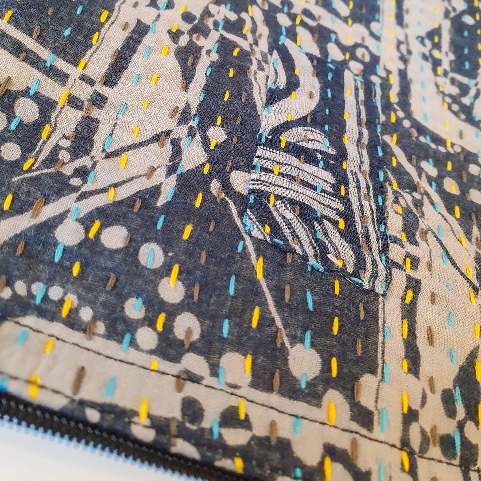 Upcycled sari clutch featuring vibrant colors and intricate kantha stitch embroidery, perfect for carrying essentials.