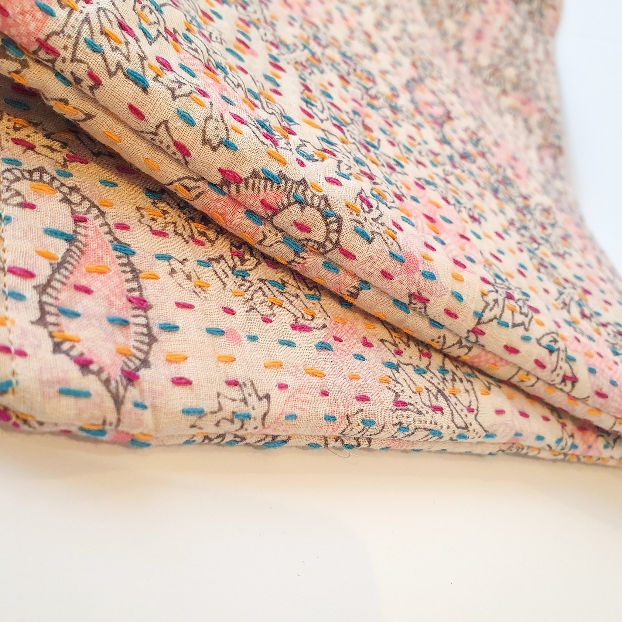 Upcycled sari clutch featuring vibrant colors and intricate kantha stitch embroidery, perfect for carrying essentials.