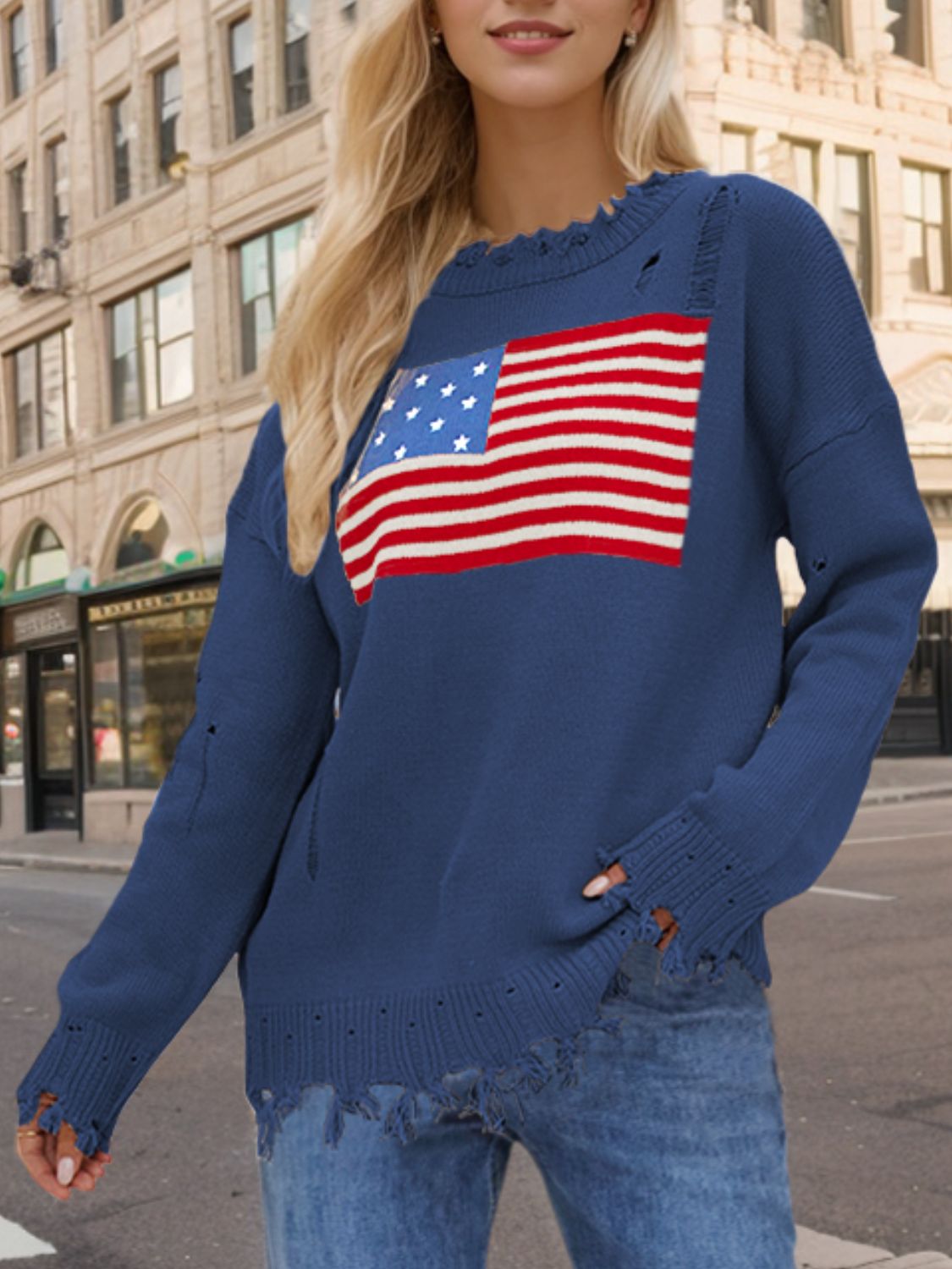 US Flag Distressed Round Neck Long Sleeve Sweater featuring a trendy distressed design, round neck, and comfortable fit.