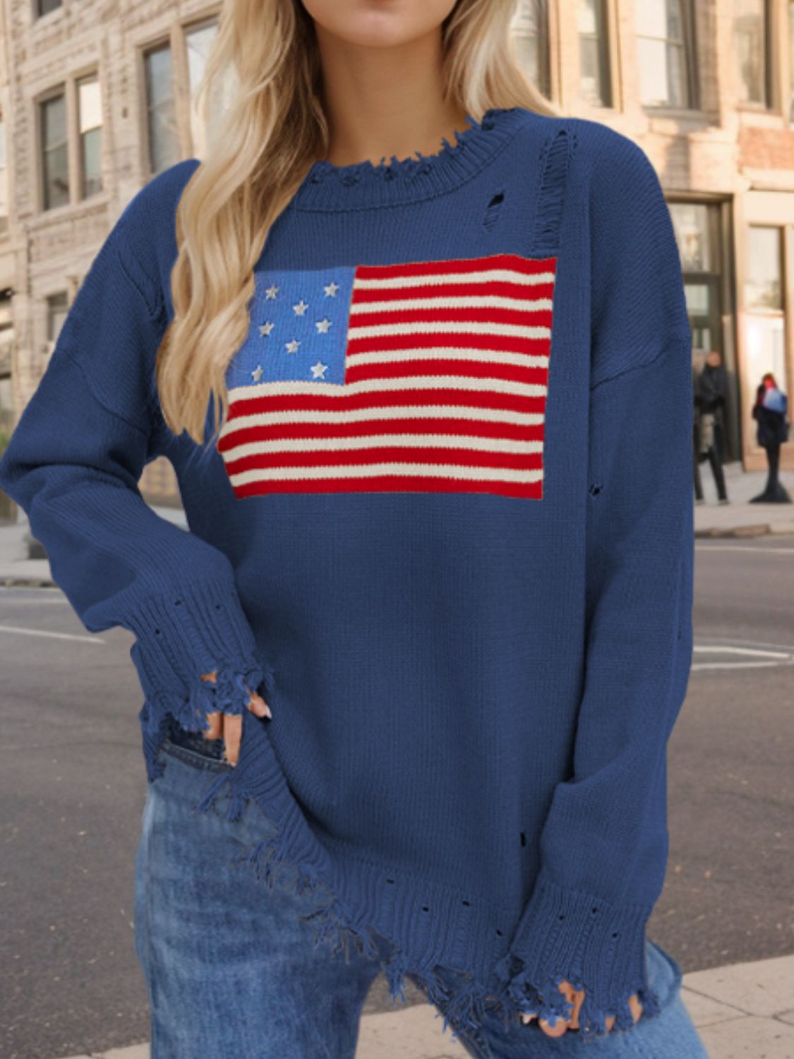 US Flag Distressed Round Neck Long Sleeve Sweater featuring a trendy distressed design, round neck, and comfortable fit.