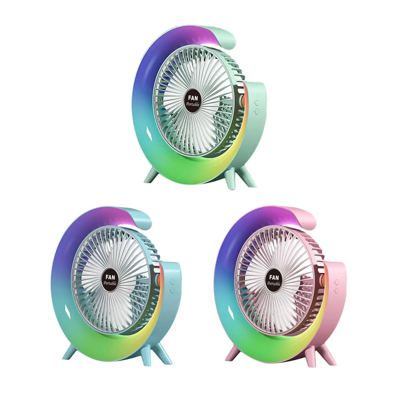 USB Desk Fan with adjustable tilt, three speeds, and five light modes, perfect for desktop use.