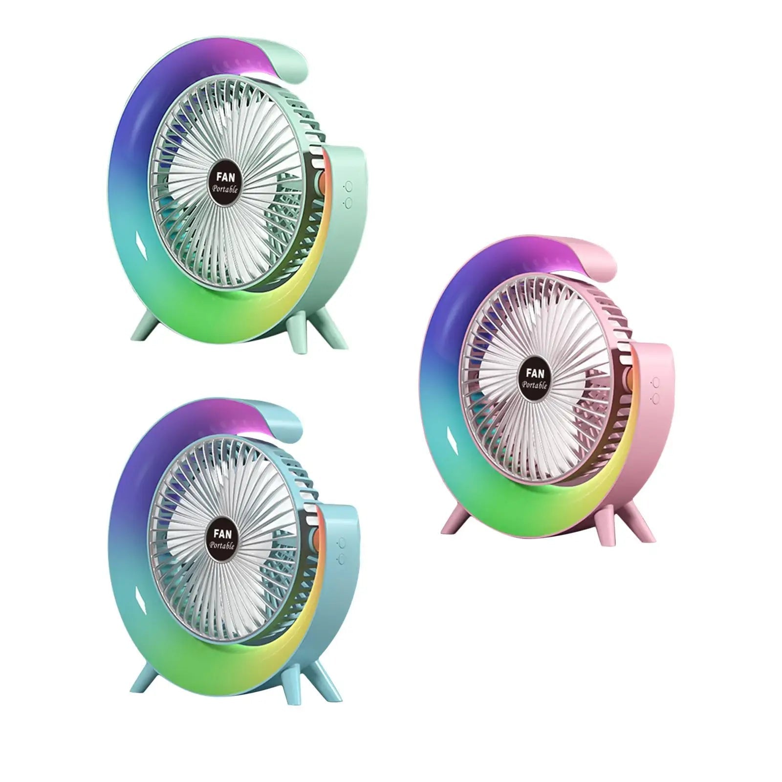 USB Desk Fan with adjustable tilt, three speeds, and five light modes, perfect for desktop use.