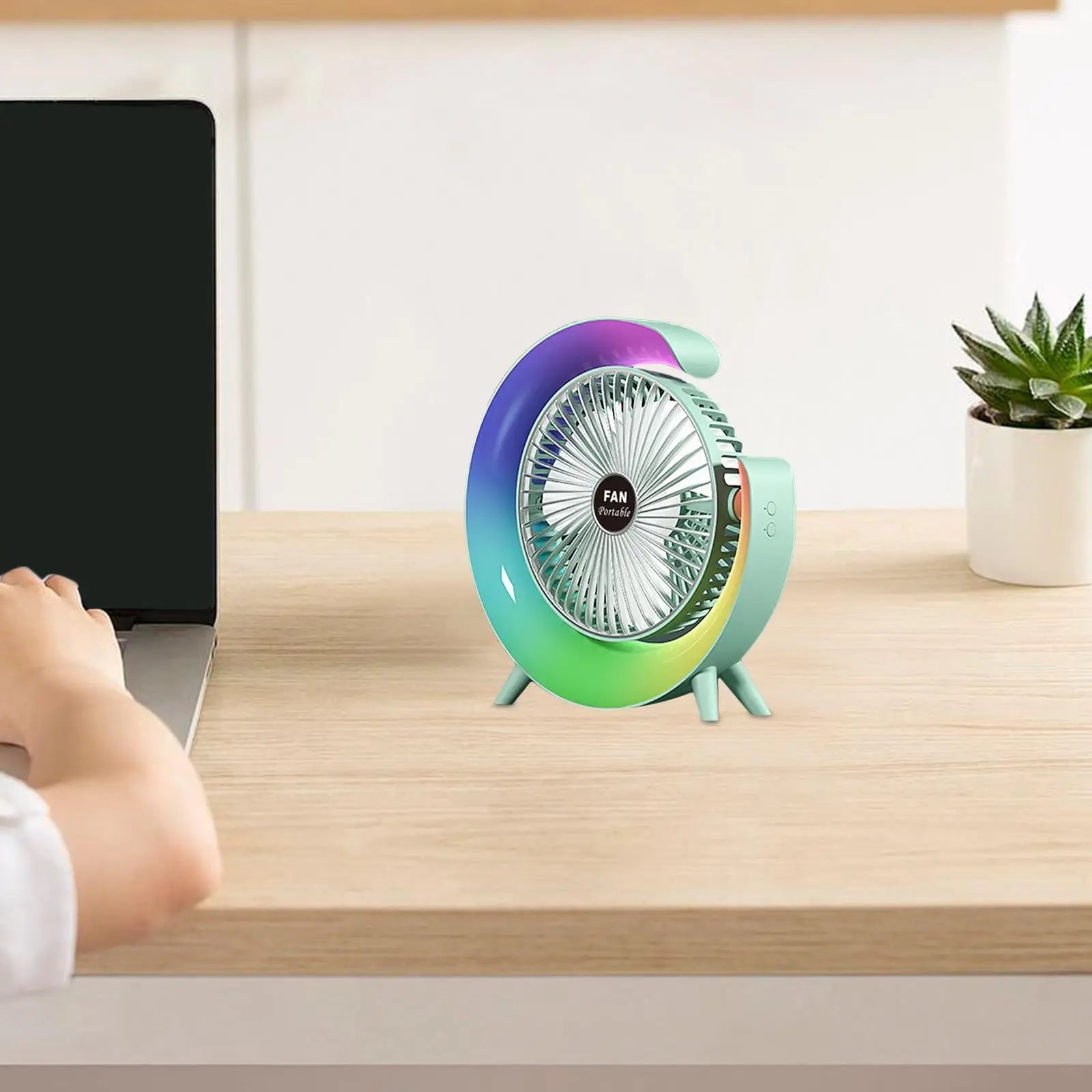 USB Desk Fan with adjustable tilt, three speeds, and five light modes, perfect for desktop use.
