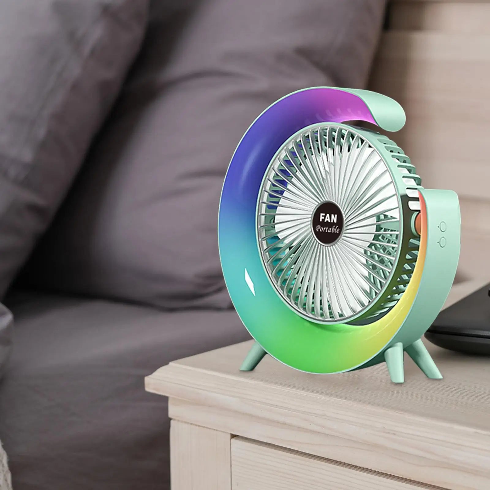 USB Desk Fan with adjustable tilt, three speeds, and five light modes, perfect for desktop use.
