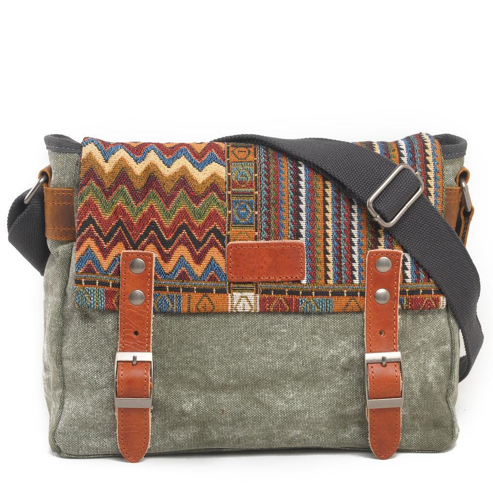 Vintage Ethnic Style Canvas Messenger Bag for Women featuring geometric patterns and a zipper buckle opening, perfect for everyday use.