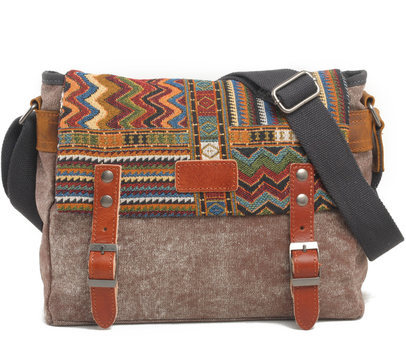 Vintage Ethnic Style Canvas Messenger Bag for Women featuring geometric patterns and a zipper buckle opening, perfect for everyday use.