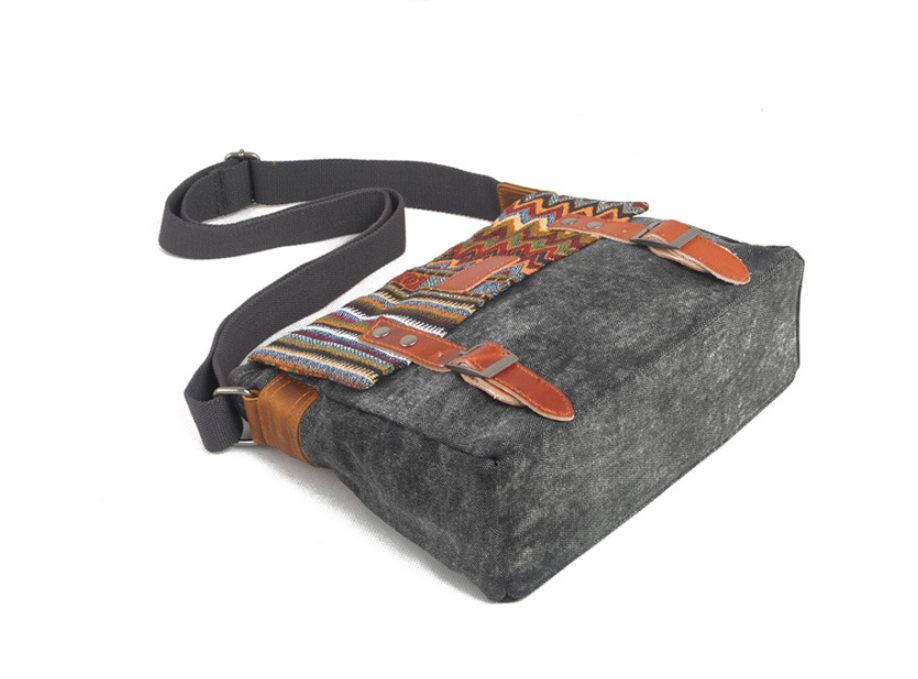 Vintage Ethnic Style Canvas Messenger Bag for Women featuring geometric patterns and a zipper buckle opening, perfect for everyday use.