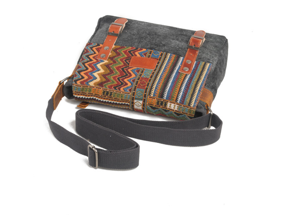 Vintage Ethnic Style Canvas Messenger Bag for Women featuring geometric patterns and a zipper buckle opening, perfect for everyday use.