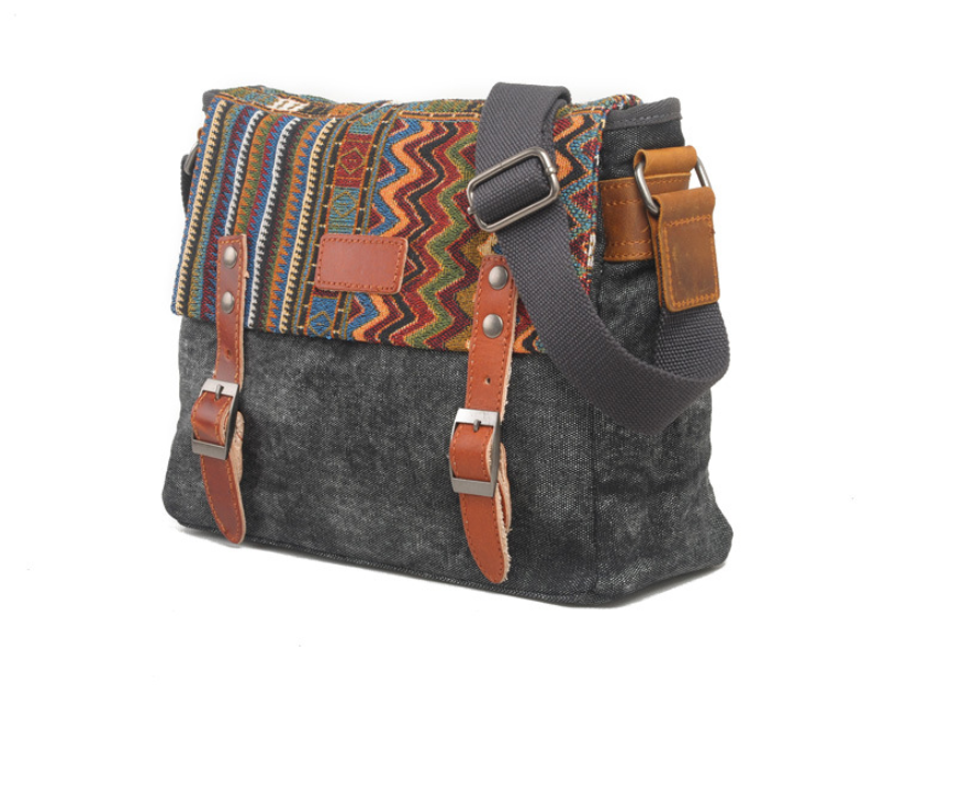 Vintage Ethnic Style Canvas Messenger Bag for Women featuring geometric patterns and a zipper buckle opening, perfect for everyday use.