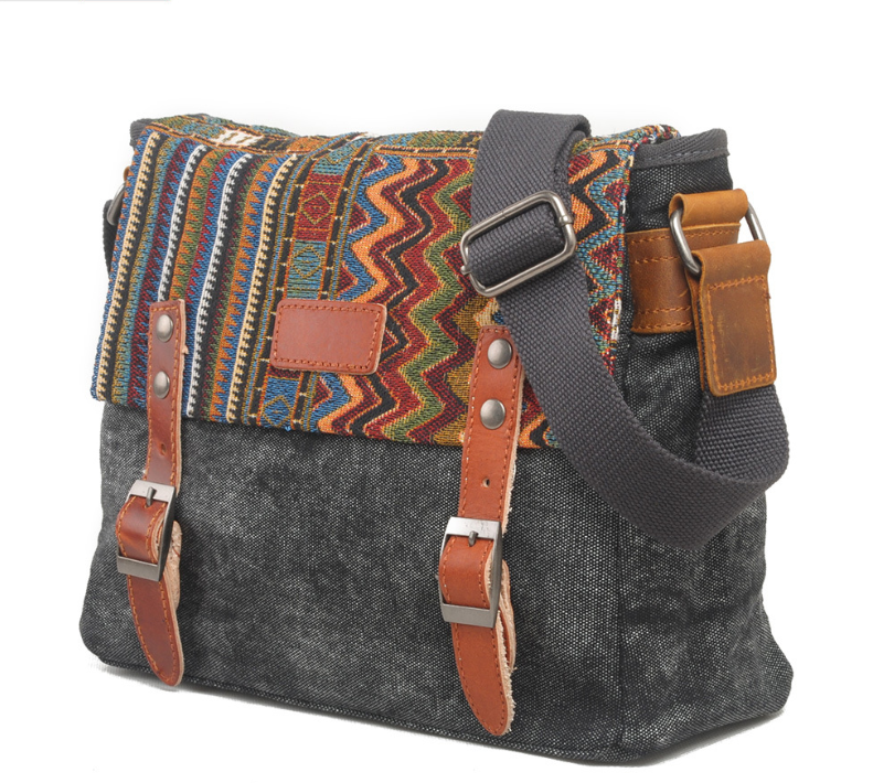 Vintage Ethnic Style Canvas Messenger Bag for Women featuring geometric patterns and a zipper buckle opening, perfect for everyday use.
