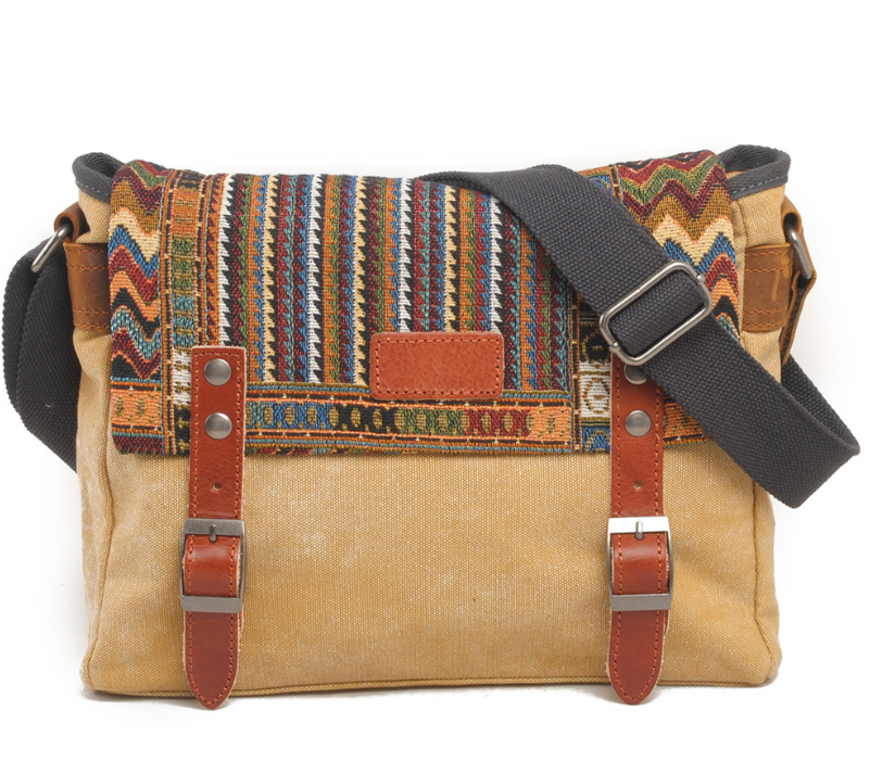 Vintage Ethnic Style Canvas Messenger Bag for Women featuring geometric patterns and a zipper buckle opening, perfect for everyday use.