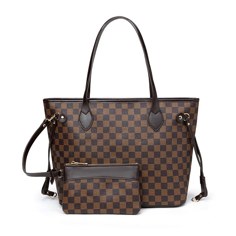 Vintage large capacity shoulder bag in grid-brown, showcasing its stylish design and spacious interior.