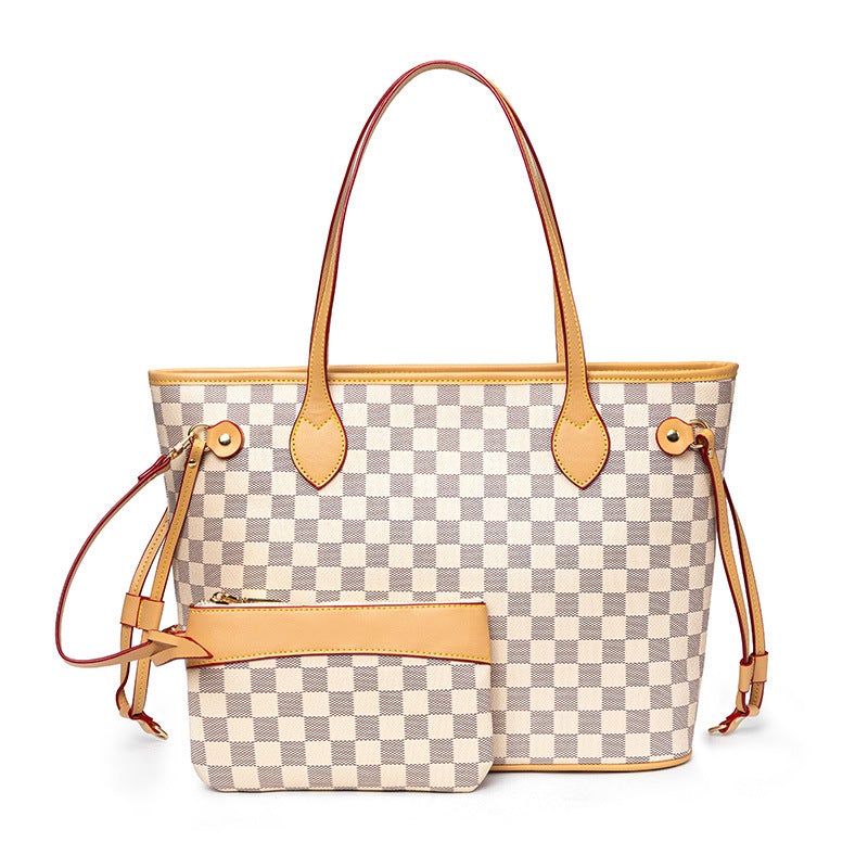 Vintage large capacity shoulder bag in grid-brown, showcasing its stylish design and spacious interior.