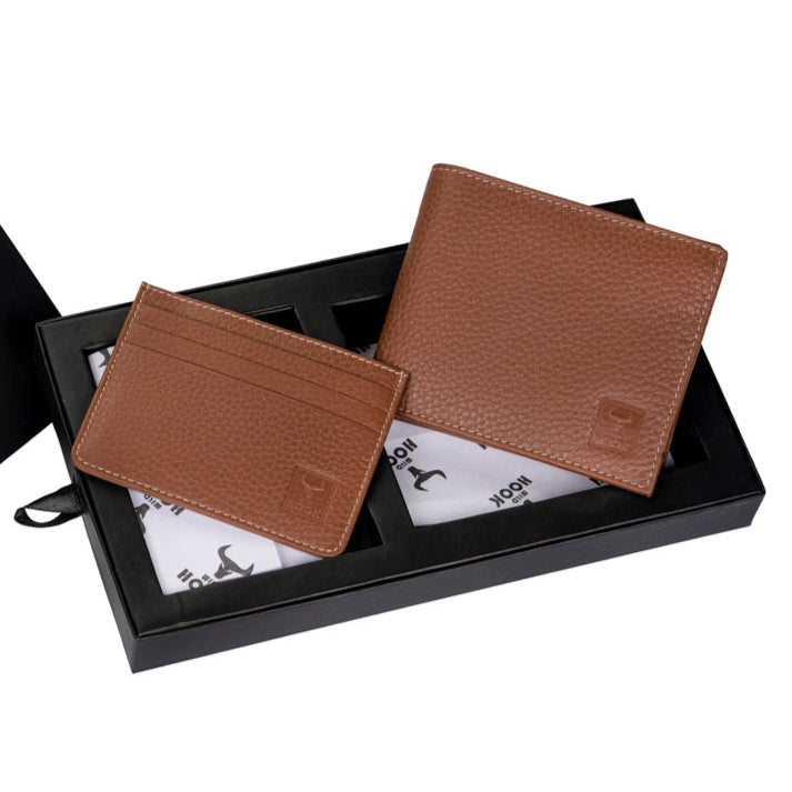 A stylish wallet and cardholder set for men in a premium black gift box, showcasing quality leather and elegant design.
