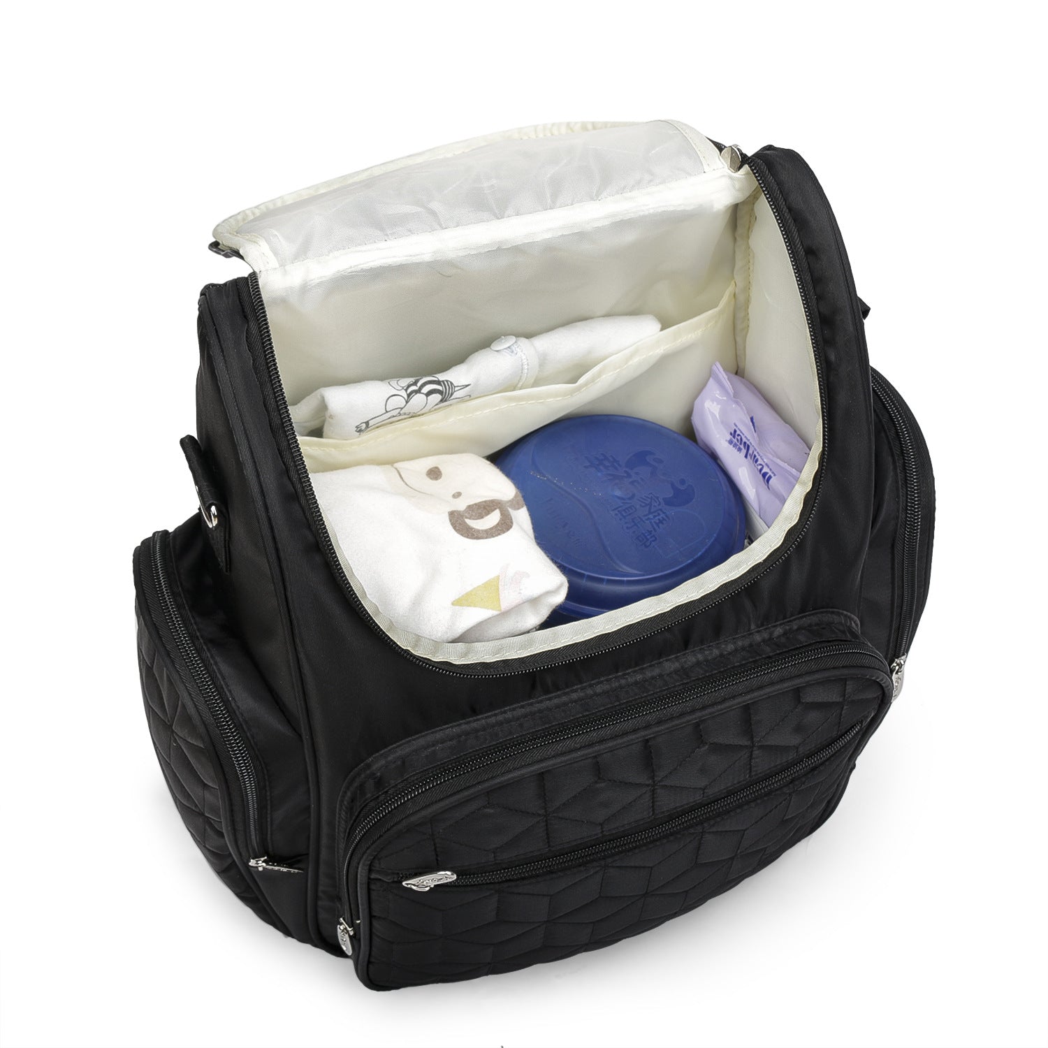 Waterproof Large Capacity Mommy Bag in black, designed for baby strollers, featuring multiple compartments and stylish backpack design.