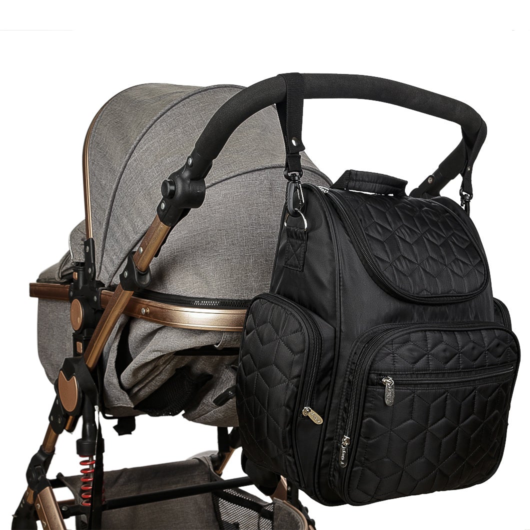 Waterproof Large Capacity Mommy Bag in black, designed for baby strollers, featuring multiple compartments and stylish backpack design.