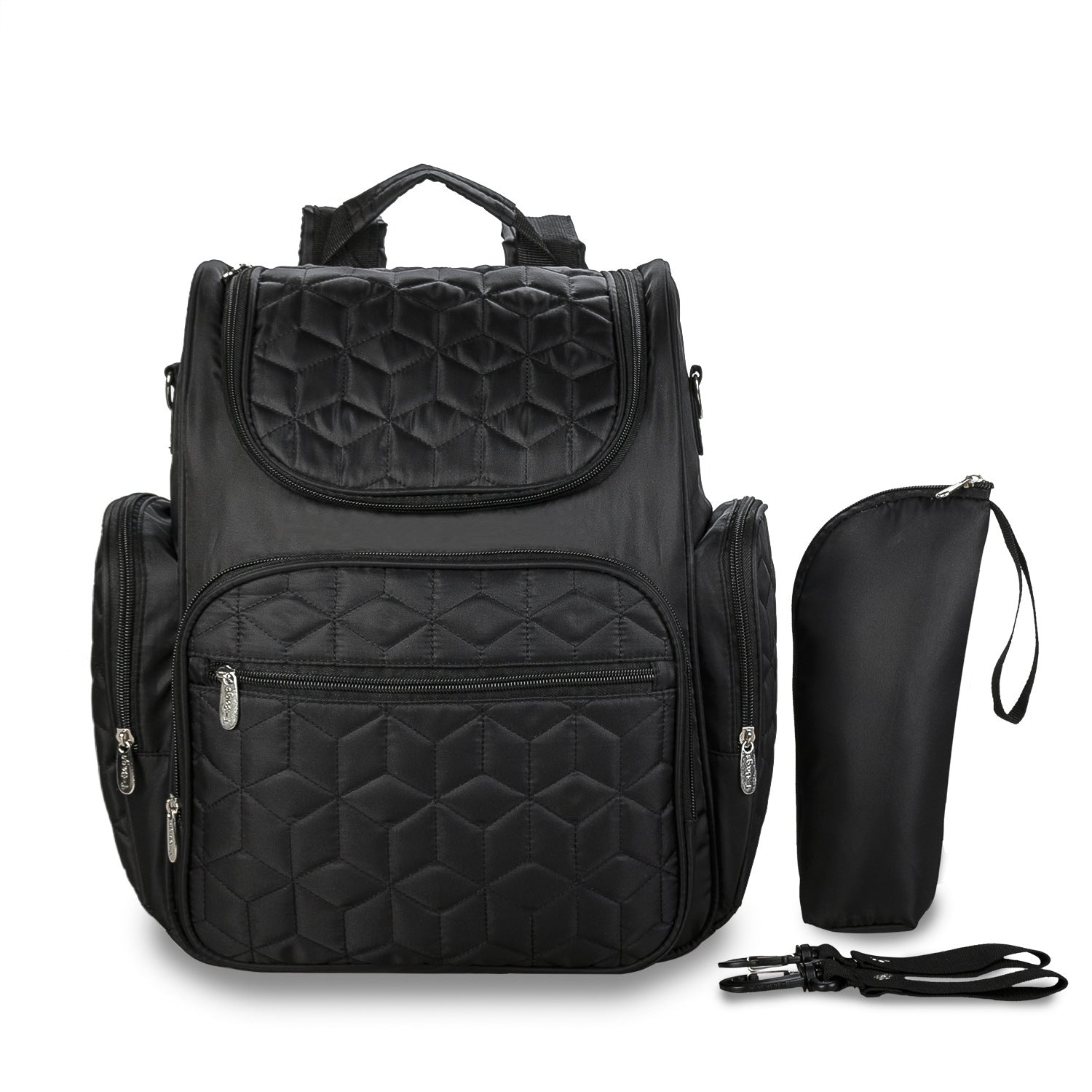 Waterproof Large Capacity Mommy Bag in black, designed for baby strollers, featuring multiple compartments and stylish backpack design.