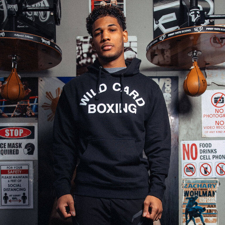 WCB Old School Pullover Hoodie in Black featuring Wild Card Boxing logo, heavyweight fabric, and regular fit.
