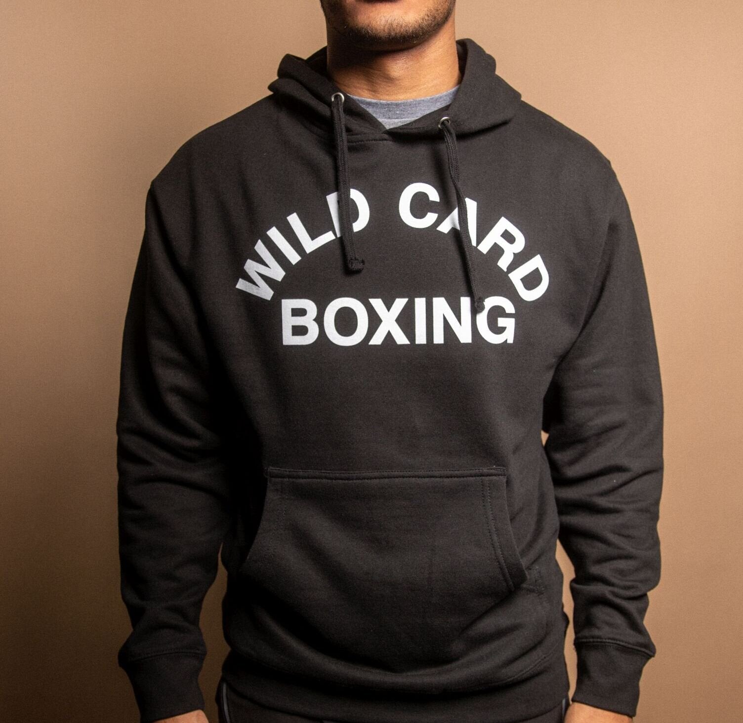 WCB Old School Pullover Hoodie in Black featuring Wild Card Boxing logo, heavyweight fabric, and regular fit.
