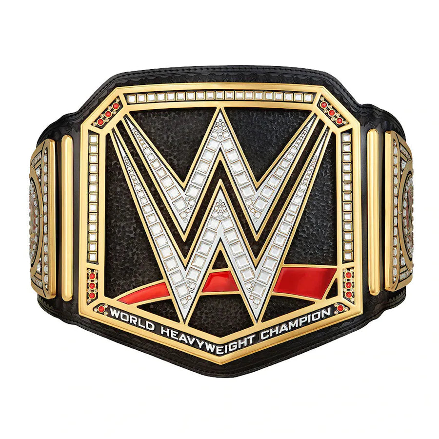 WWE Championship-Commemorative Title Belt displayed with intricate details and a cloth carrying bag.