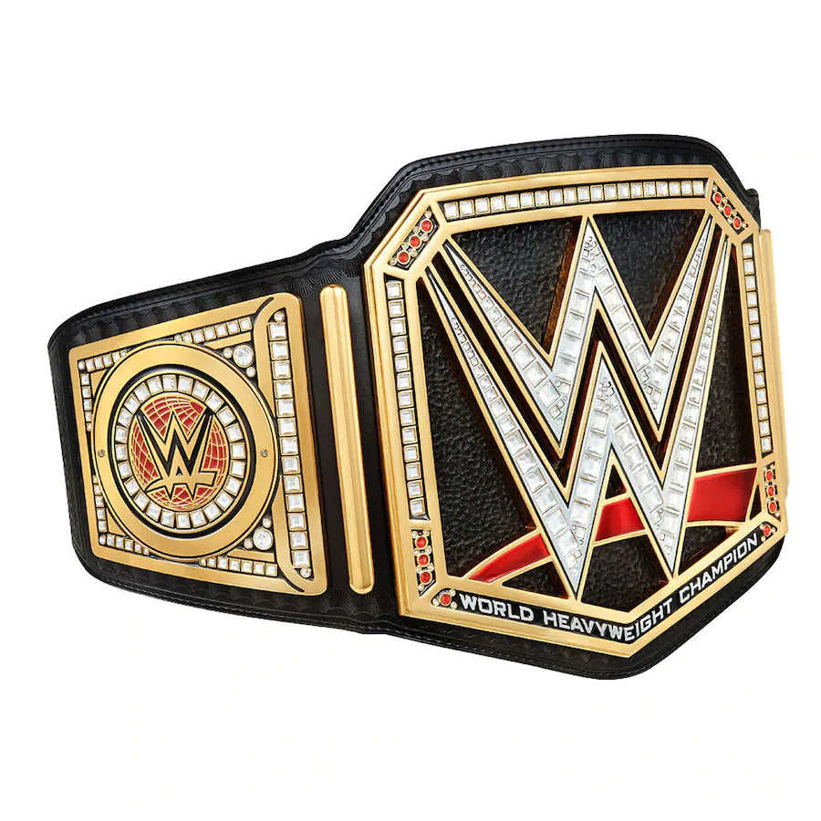 WWE Championship-Commemorative Title Belt displayed with intricate details and a cloth carrying bag.