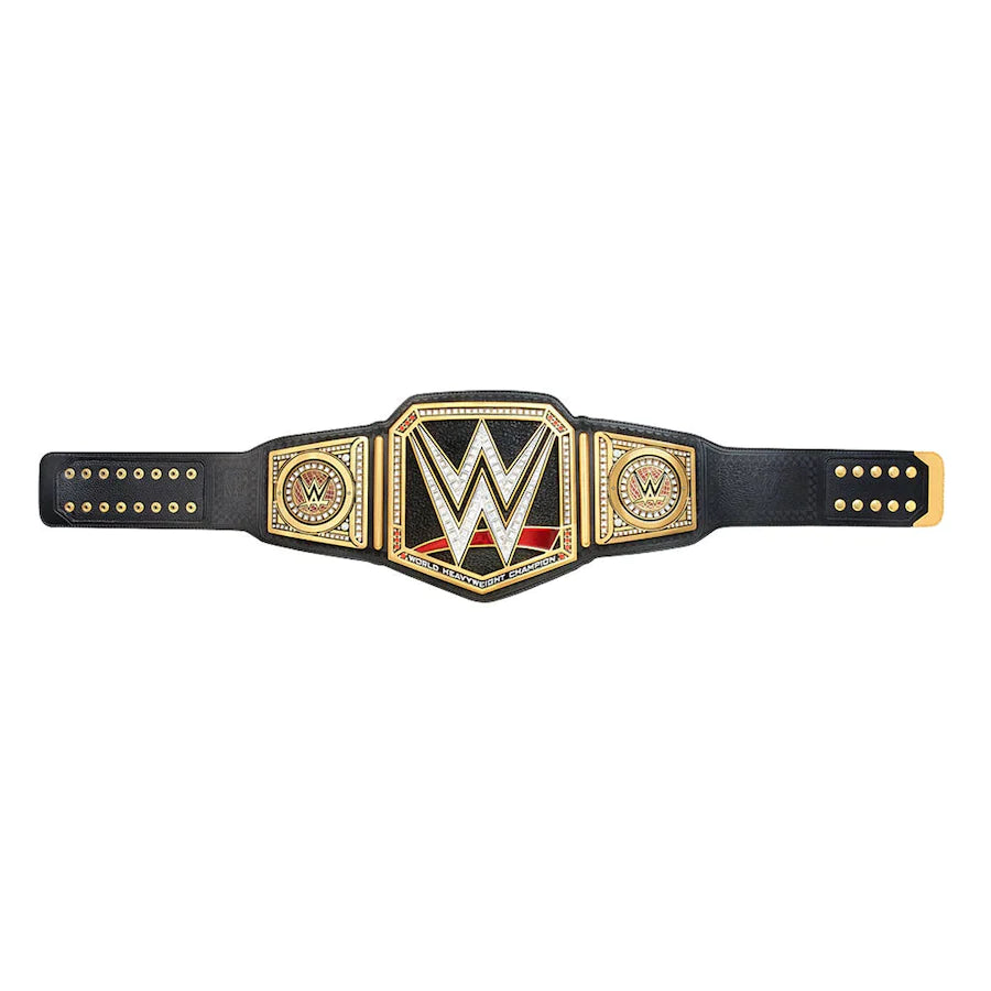 WWE Championship-Commemorative Title Belt displayed with intricate details and a cloth carrying bag.