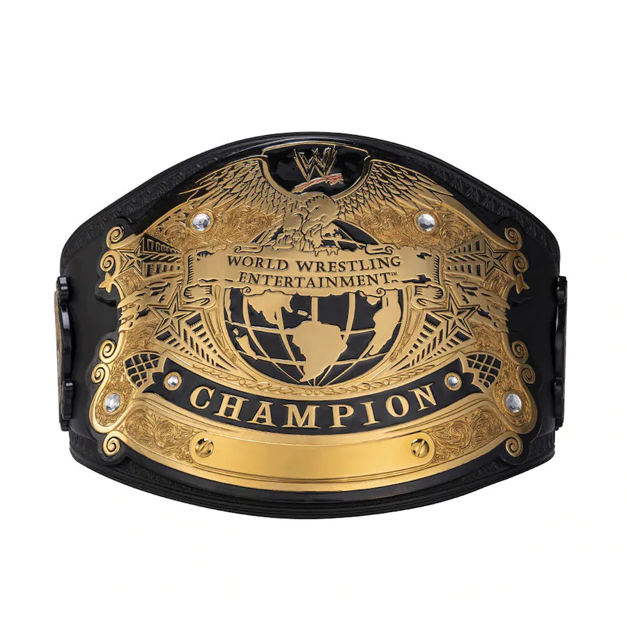 WWE Undisputed Championship Replica Title Belt showcasing its detailed design and shiny plates.