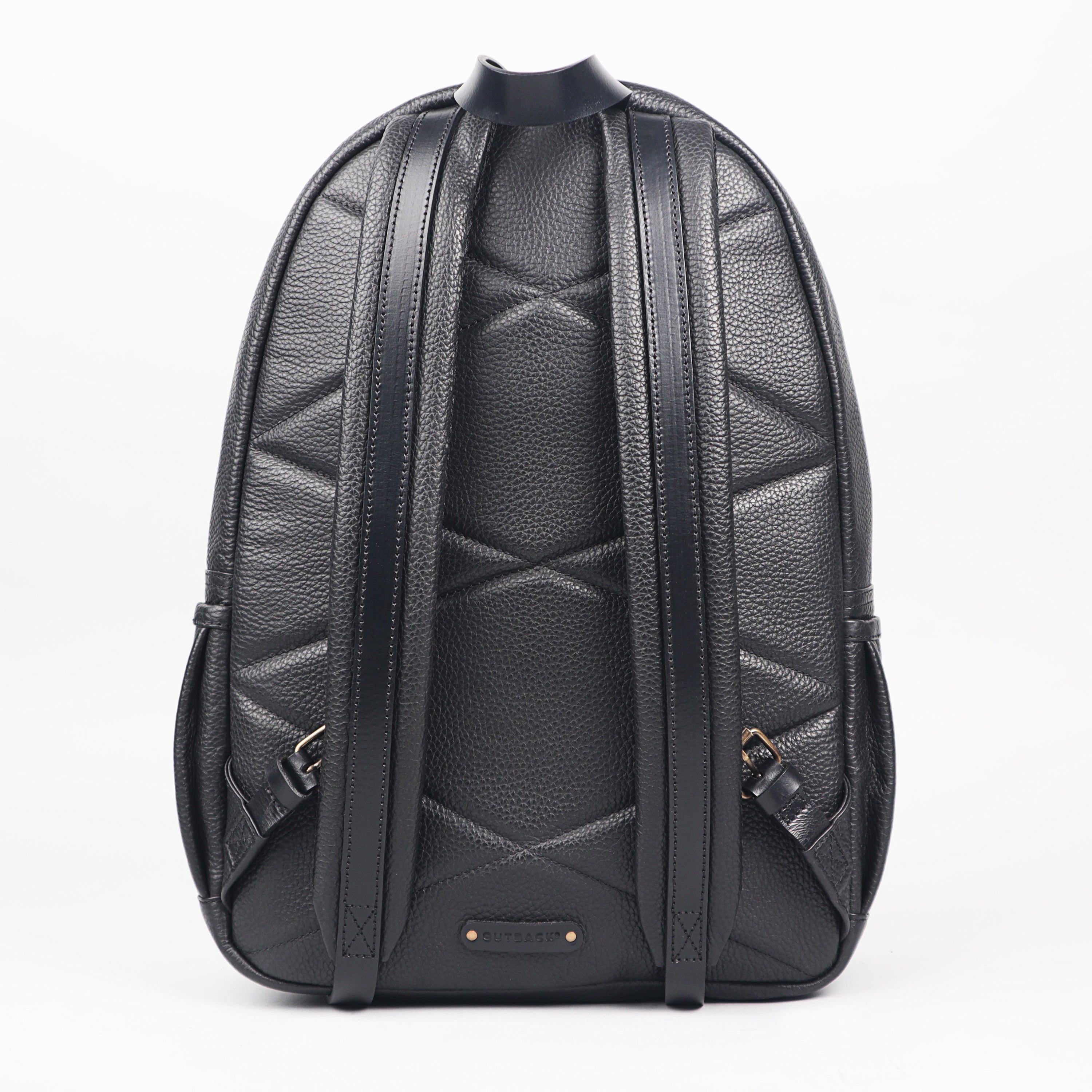 Weaved Journey Leather Backpack showcasing premium full grain leather, padded laptop compartment, and adjustable shoulder straps.