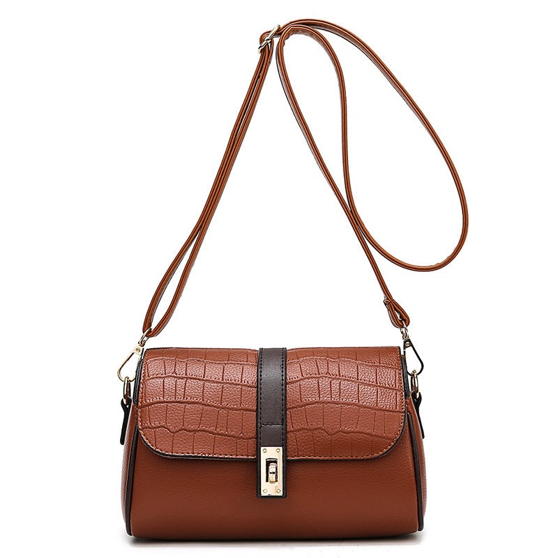 Western Style Fashion Contrast Color Stitching Bucket Bag in wine red, khaki, black, and brown with metal accents and detachable handle.