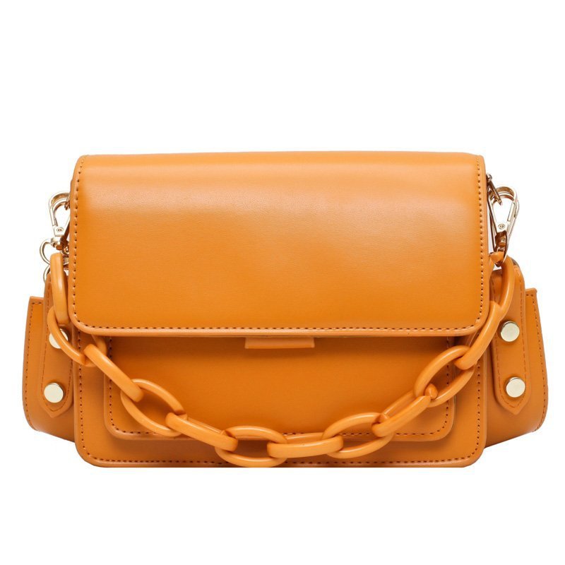 A fashionable small square bag for women in various colors including yellow, purple, black, light blue, and beige, featuring a stylish chain.