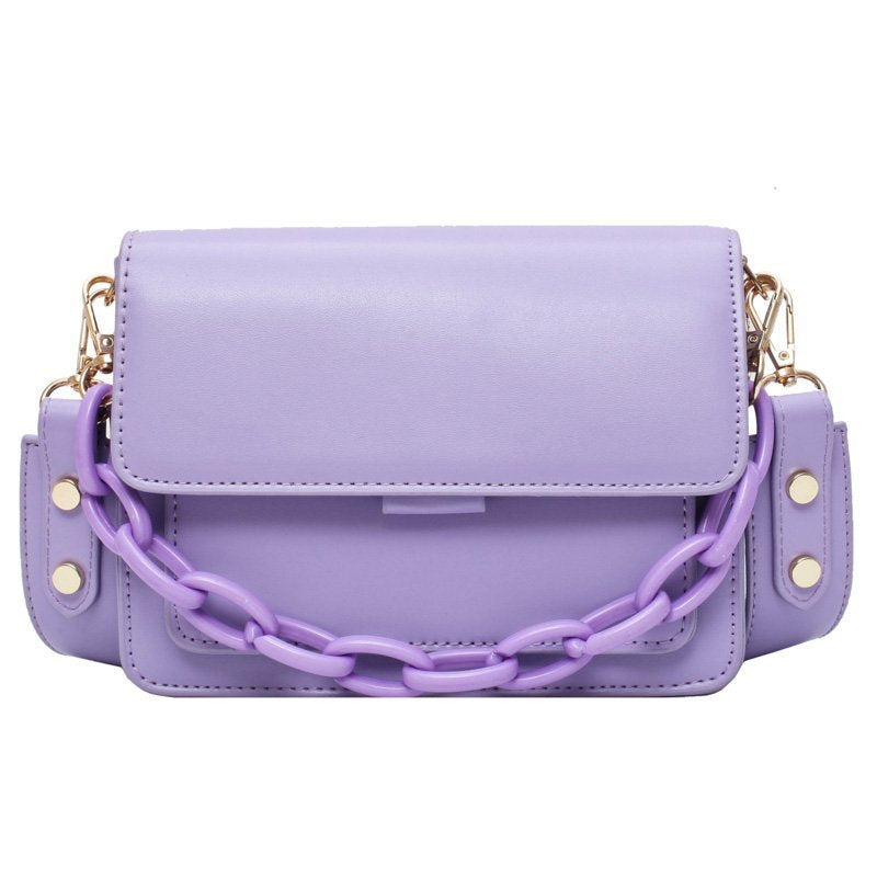 A fashionable small square bag for women in various colors including yellow, purple, black, light blue, and beige, featuring a stylish chain.