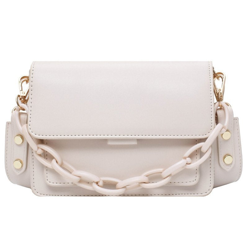 A fashionable small square bag for women in various colors including yellow, purple, black, light blue, and beige, featuring a stylish chain.
