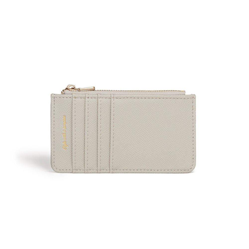 Willow Grey Coin and Card Holder made from 100% vegan leather, featuring a zipped compartment and four card slots, elegantly designed in a stylish grey color.