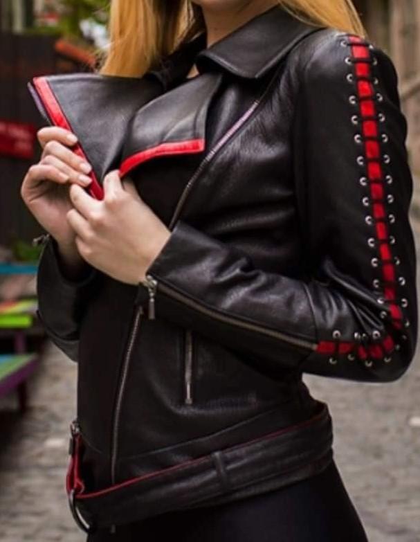 Women Premium Mukmal Official Leather Jacket made of genuine leather, featuring satin lining and stylish motorcycle design with multiple pockets.