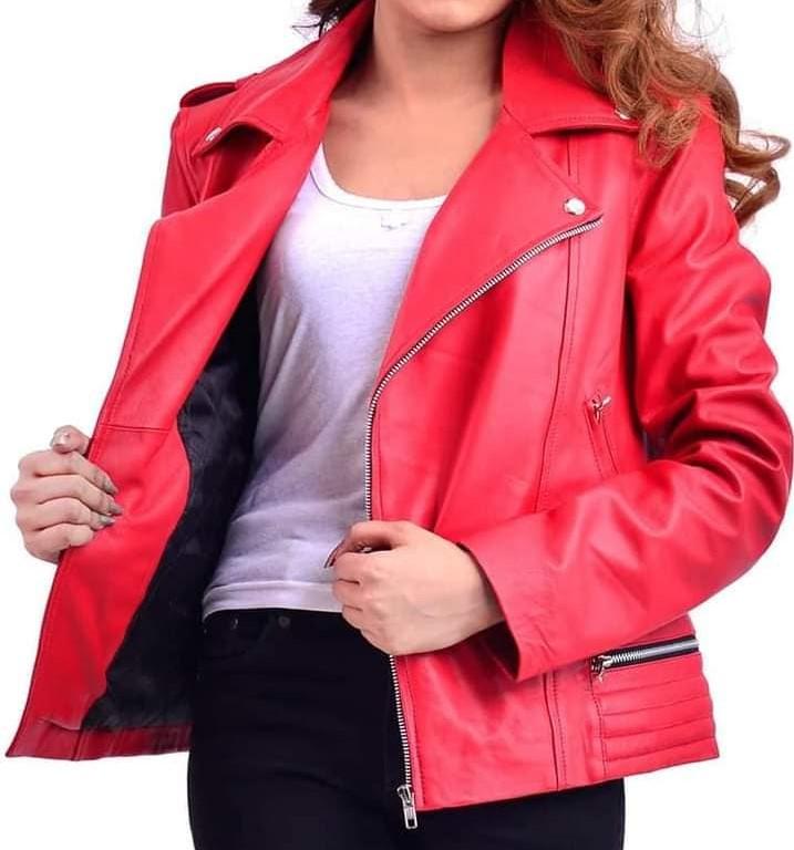 WOMEN PREMIUM MUKMAL Official Leather Jacket showcasing genuine leather, satin lining, and stylish design with pockets.