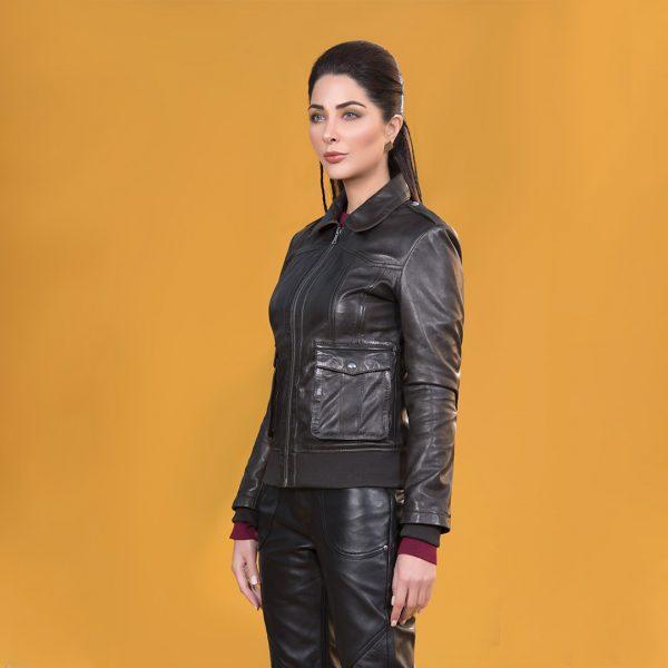 WOMEN PREMIUM MUKMAL Official Leather Jacket showcasing high-quality leather, satin lining, and stylish design with pockets.