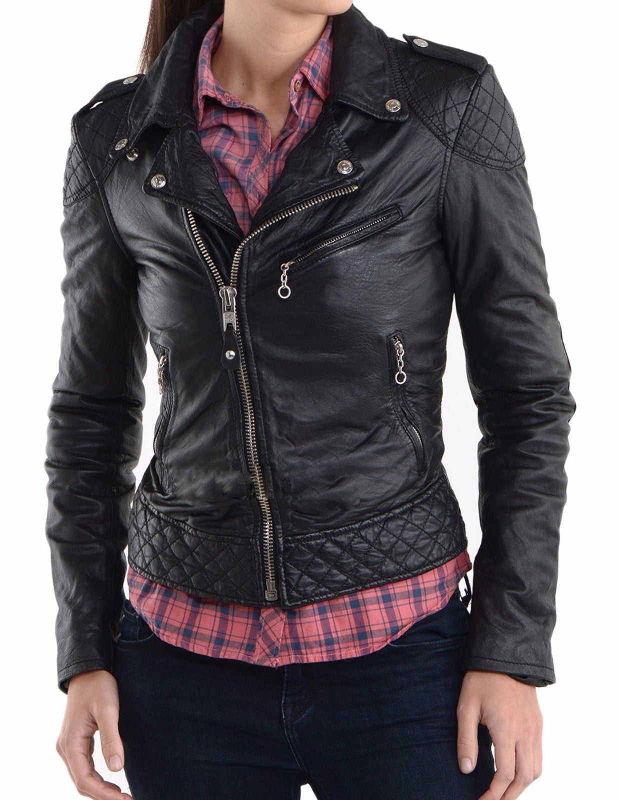 Women Real Lambskin Leather Biker Jacket KW022 featuring high-quality leather, satin lining, and stylish design with pockets.