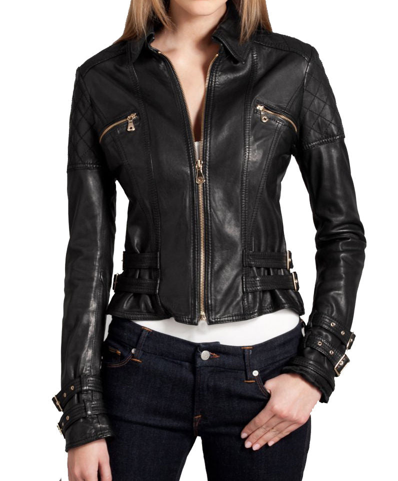 Women Real Lambskin Leather Biker Jacket KW027 featuring high-quality leather, satin lining, and stylish biker design.