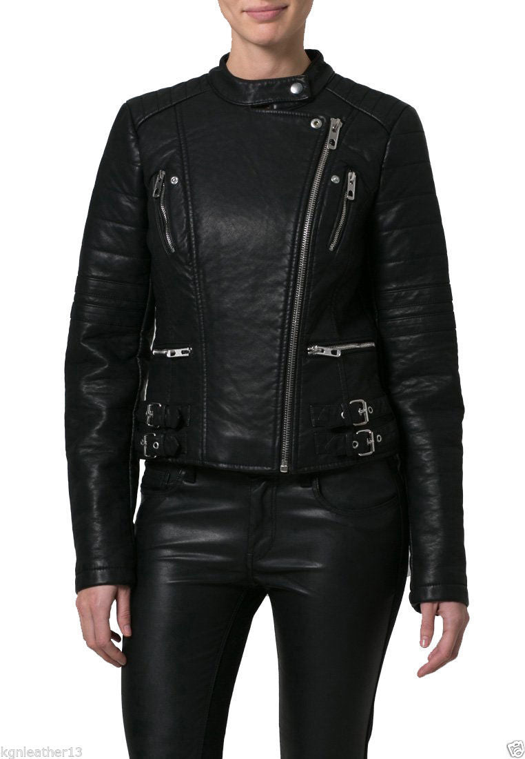 Women Real Lambskin Leather Biker Jacket KW036 featuring high-quality leather, YKK zipper, and satin lining for comfort.
