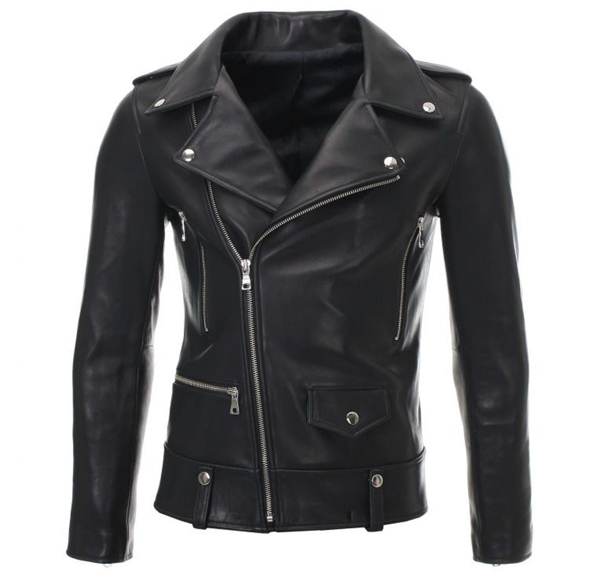 Women Real Lambskin Leather Biker Jacket KW049 featuring high-quality leather, satin lining, and stylish design with pockets.