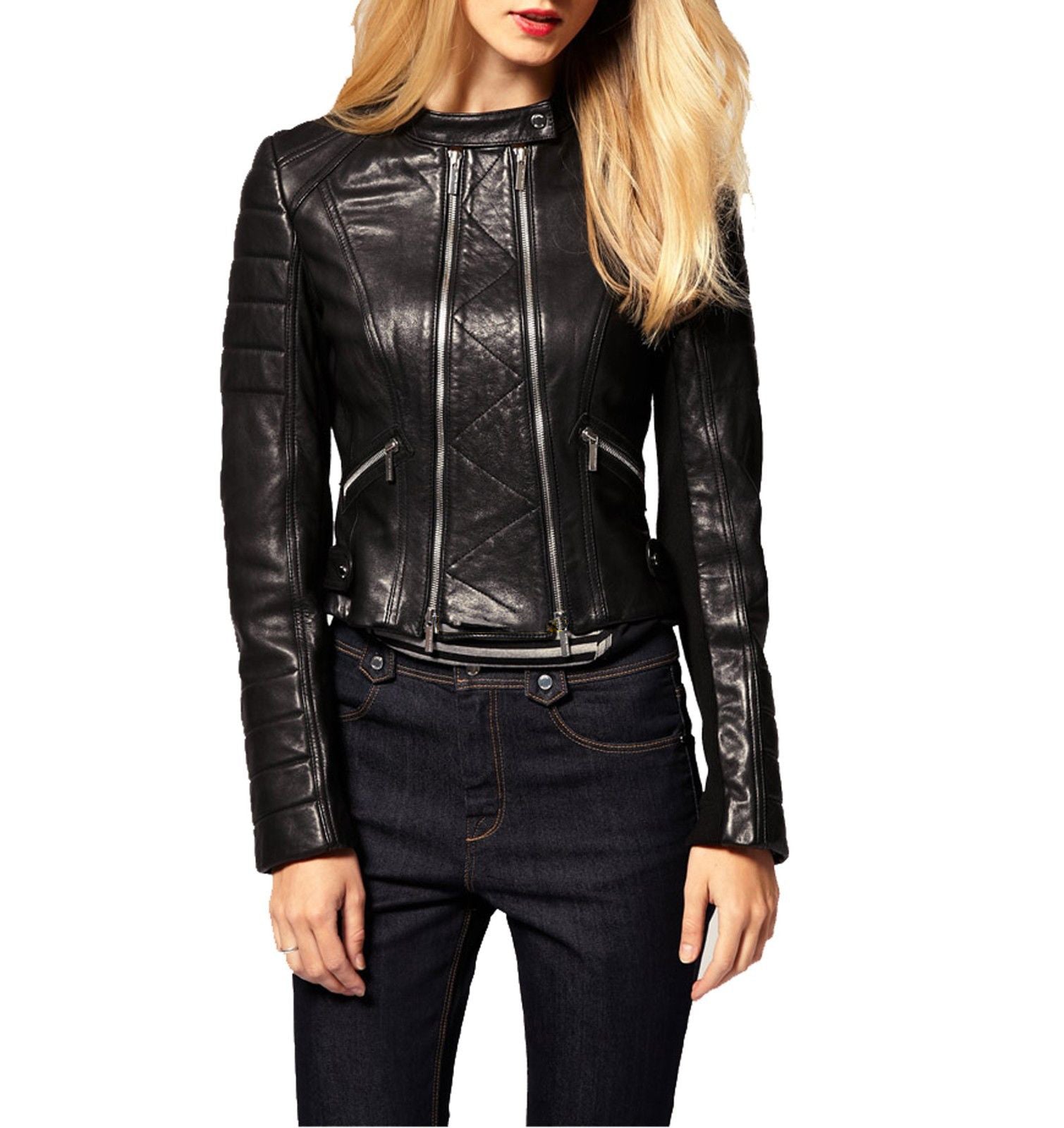Women Real Lambskin Leather Biker Jacket KW055 featuring high-quality leather, satin lining, and stylish design with multiple pockets.