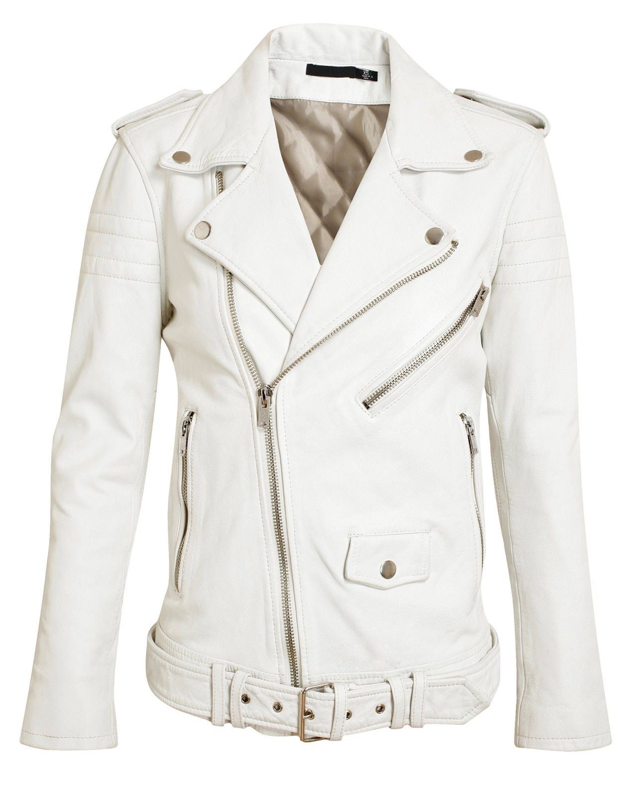 Women Real Lambskin Leather Biker Jacket KW057 featuring high-quality leather, satin lining, and stylish design with pockets.