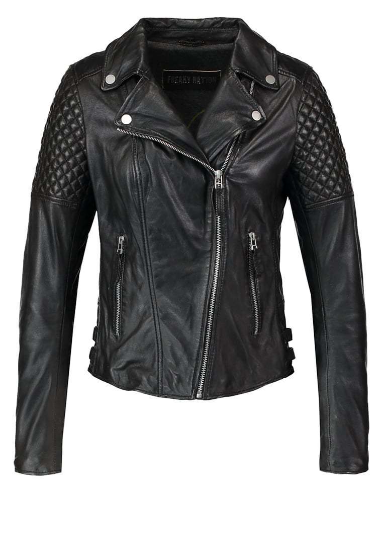 Women Real Lambskin Leather Biker Jacket KW066 featuring high-quality leather, satin lining, and stylish design with pockets.